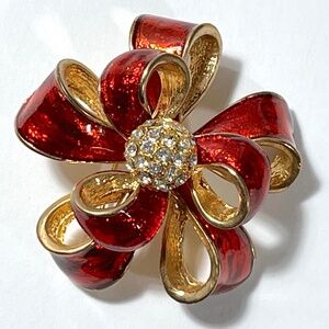 Vintage Kenneth Cole KC Gold Red Enamel Ribbon Bow Brooch